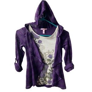 Sugar Tart Top Girls M Purple and Green Layered Tunic Hooded Top